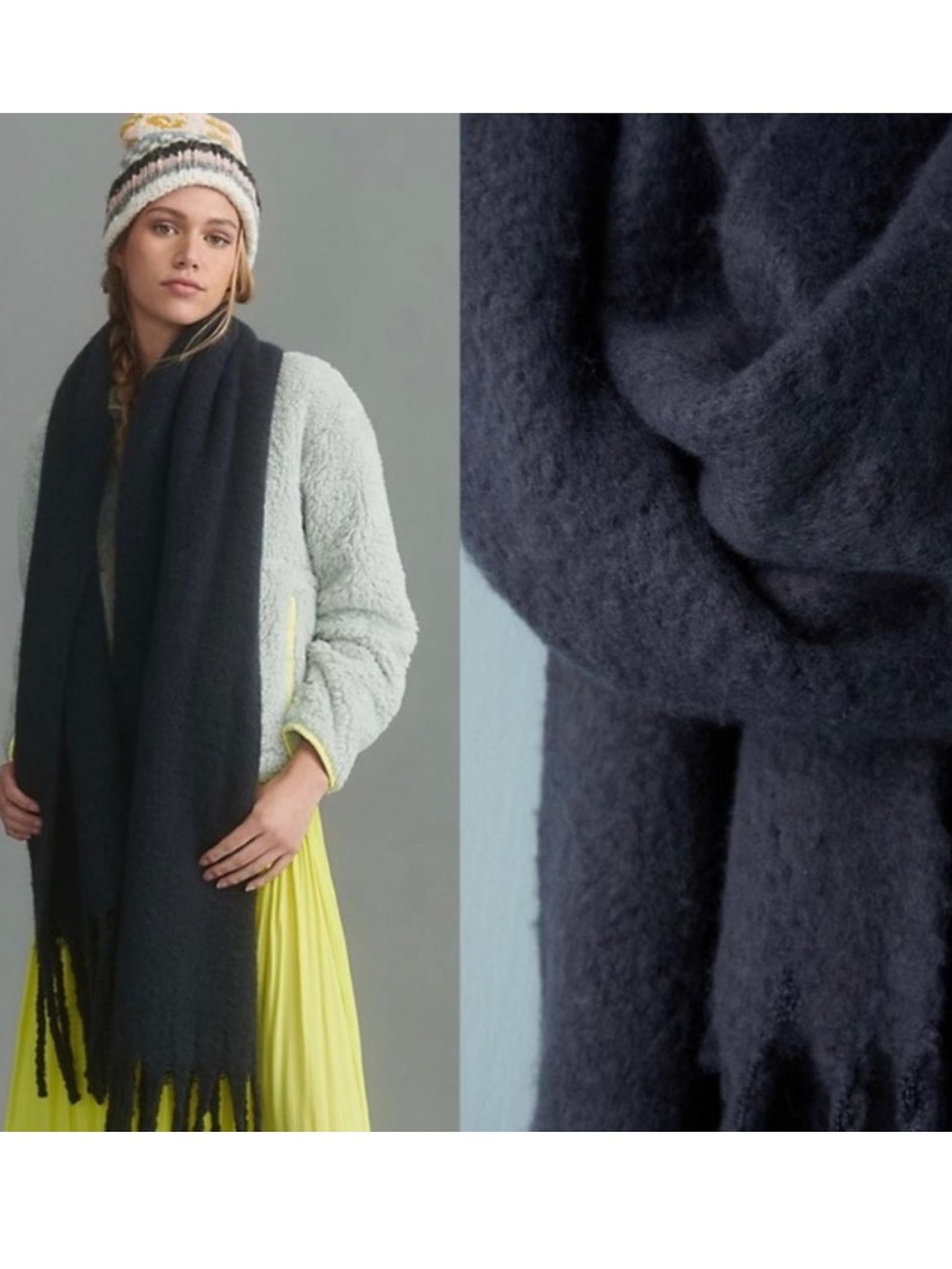 Anthropologie Bonnie Fuzzy Oversized Fringe Scarf Dark Navy Blue